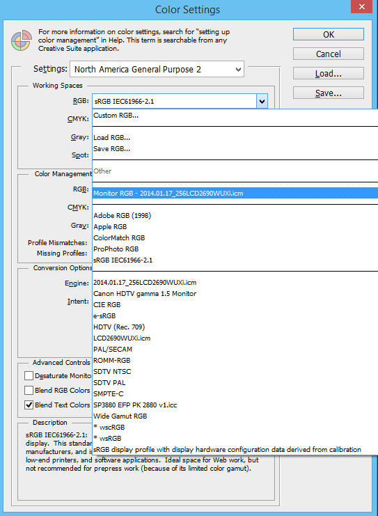 Photoshop Color Settings pārbaude